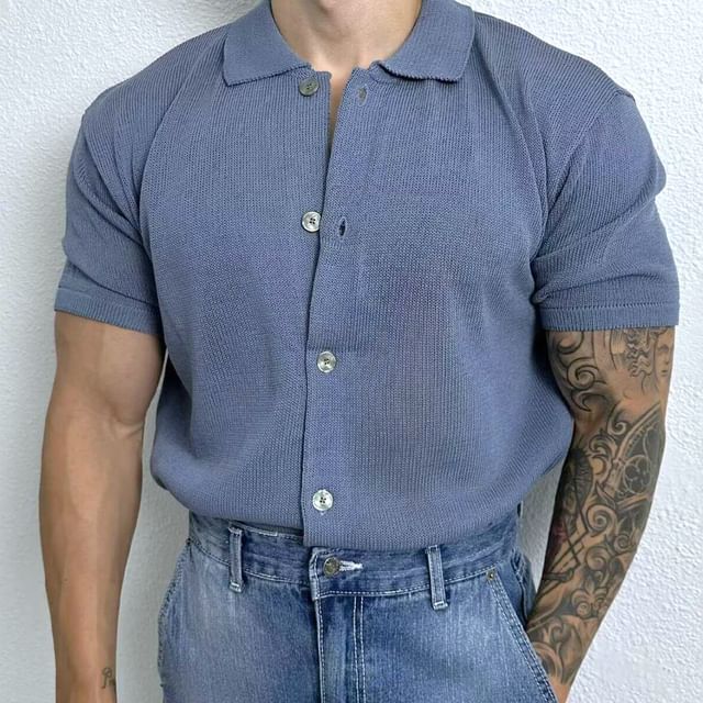 Real Boy-Short-Sleeve Collared Plain Button-Up Knit Top