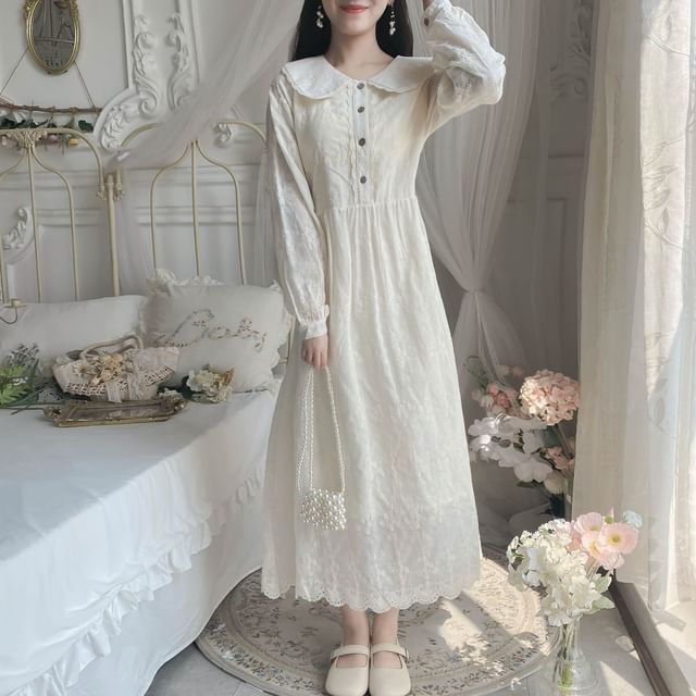 Long-Sleeve Peter Pan Collar Floral Embroidered Lace Trim Half-Buttoned  Midi A-Line Dress