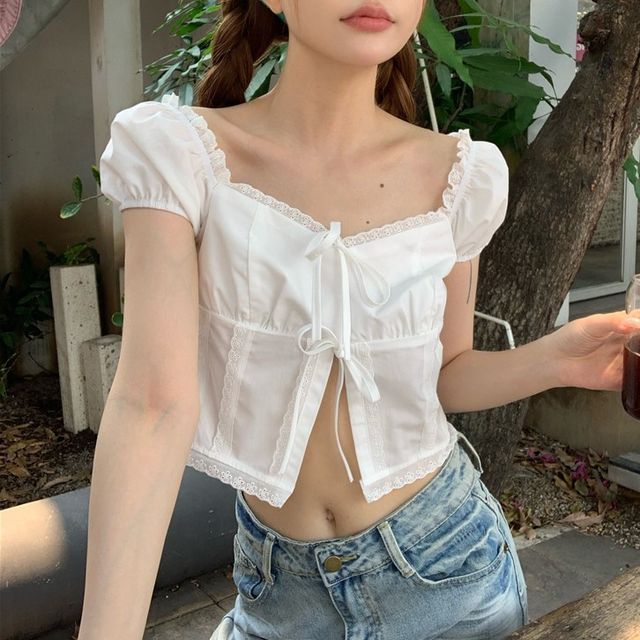 Serendipitous - Short-Sleeve Square-Neck Lace Trim Lace-Up