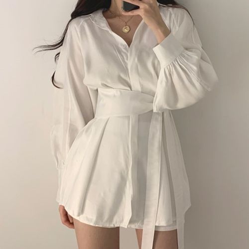yesstyle long sleeve dress ROSEMARY - Plain Long-Sleeve Shirt Dress