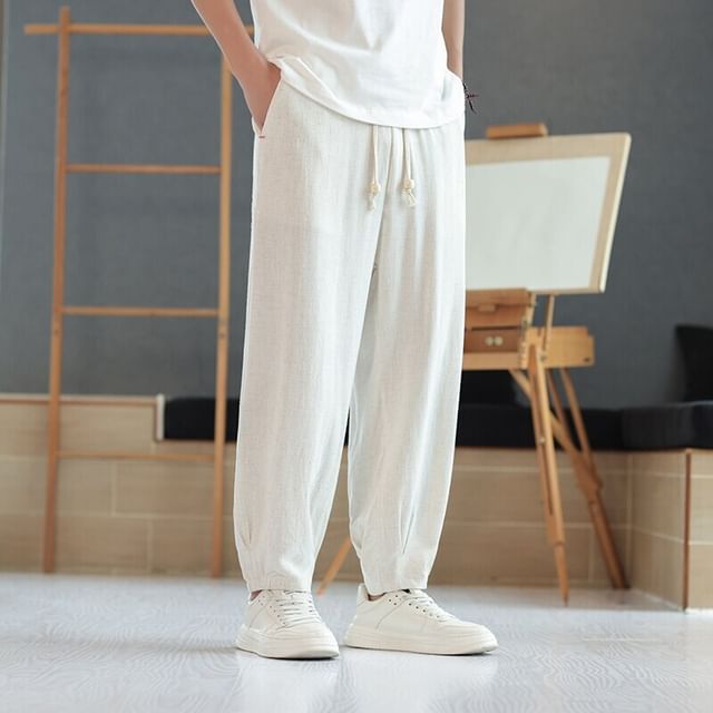 YIKES-Drawstring Waist Plain Harem Pants
