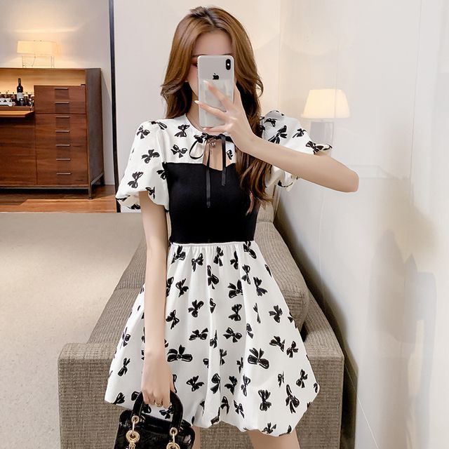 Wilenden - Puff Sleeve Crew Neck Bow Print Tie Front Panel Mini A-Line  Balloon Dress | YesStyle