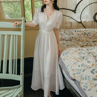 v neck a line midi dress