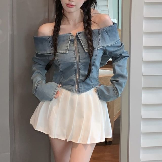 Long Sleeve Cold Shoulder Denim Top Doowex Long-Sleeve Off