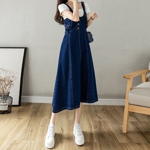Red Jumper Maong Dress For Girls Korean Style Denim Jumper Dress Long Denim A-line Jumper Red Jumper Maong Dress For Girls Korean Style Denim Jumper Dress Long Denim A-line Jumper