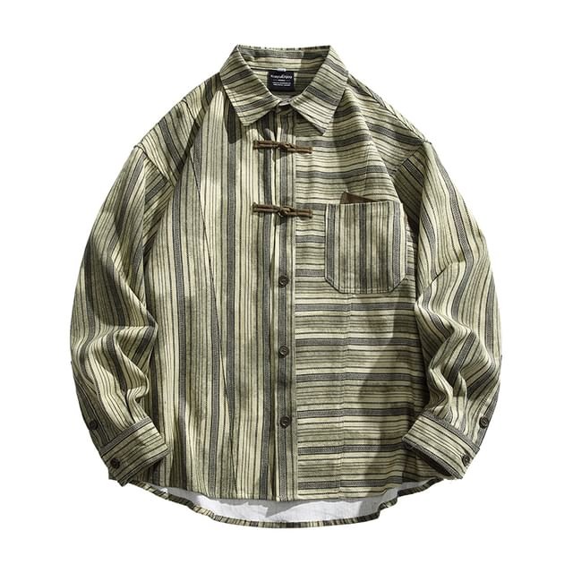 Chuoku-Couple Matching Long Sleeve Collared Striped Panel Frog Closure Shirt
