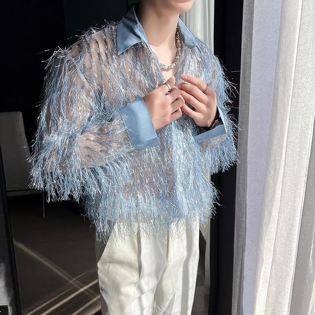 Adothuiastic-Camisa semitransparente de manga larga con estampado de rayas y ribete de flecos