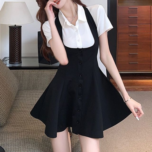 Gelbes Set: Short-Sleeve Plain Polo Shirt Halter Plain Button