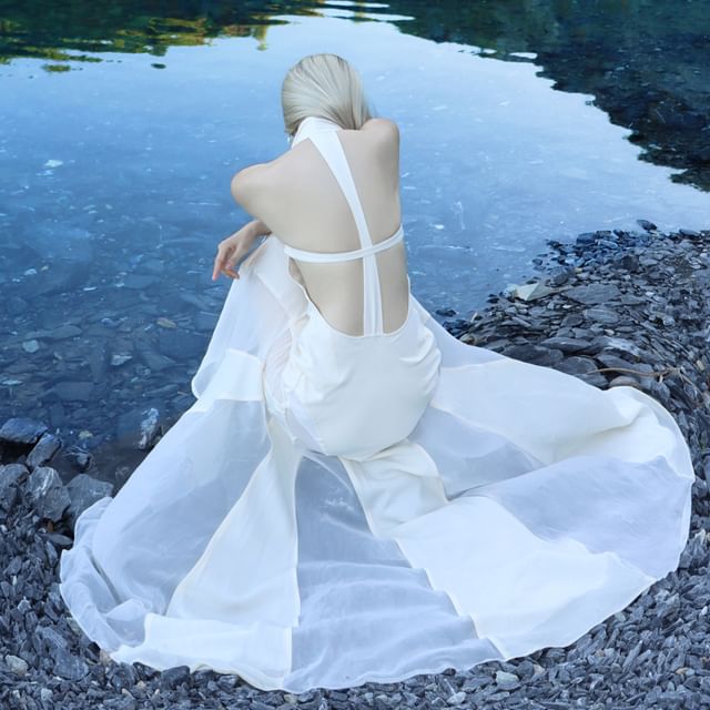 JIYON-Halter Cowl Neck Plain Backless Maxi Mermaid Dress