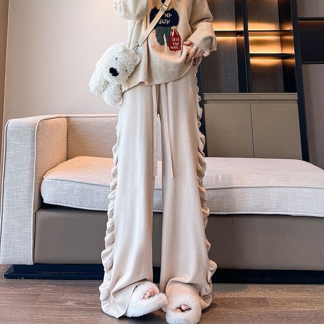Sienne-Drawstring Waist Plain Ruffle Knit Wide Leg Pants
