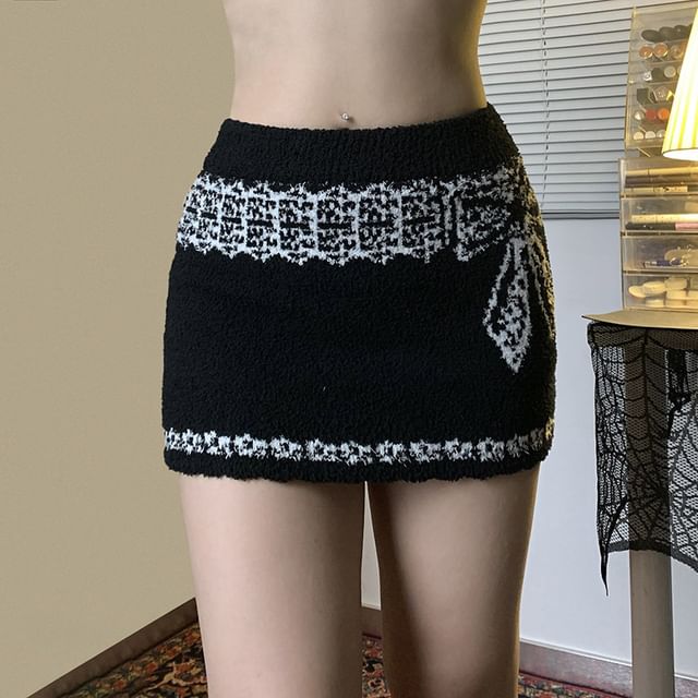 Honet High Waist Bow Print Knitted Mini Pencil Skirt YesStyle
