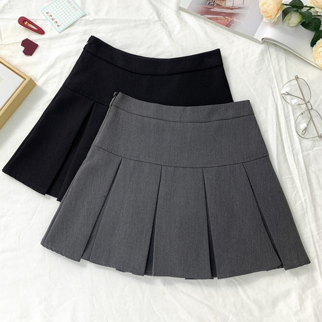 Ukiyo-High Waist Plain Mini Pleated Skirt