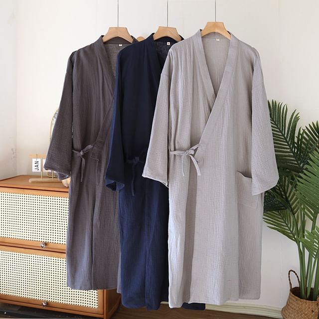 Somnus-V-Neck Plain Long Pajama Robe