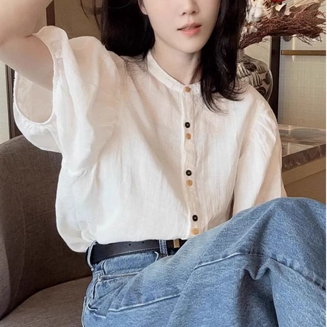 ISSOL-Short-Sleeve Band Collar Plain Blouse