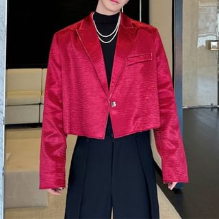 Omozando-Lapel Collar Plain Crop Blazer