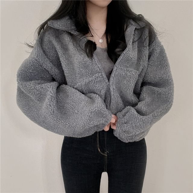 Dovitade-Collared Plain Fleece Zip Up Crop Jacket