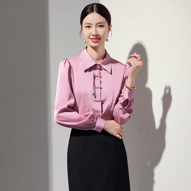 Princess Min-Long-Sleeve Collared Plain Frog Buttoned Satin Blouse High Waist Slit Straight Skirt Flared Suit Pants