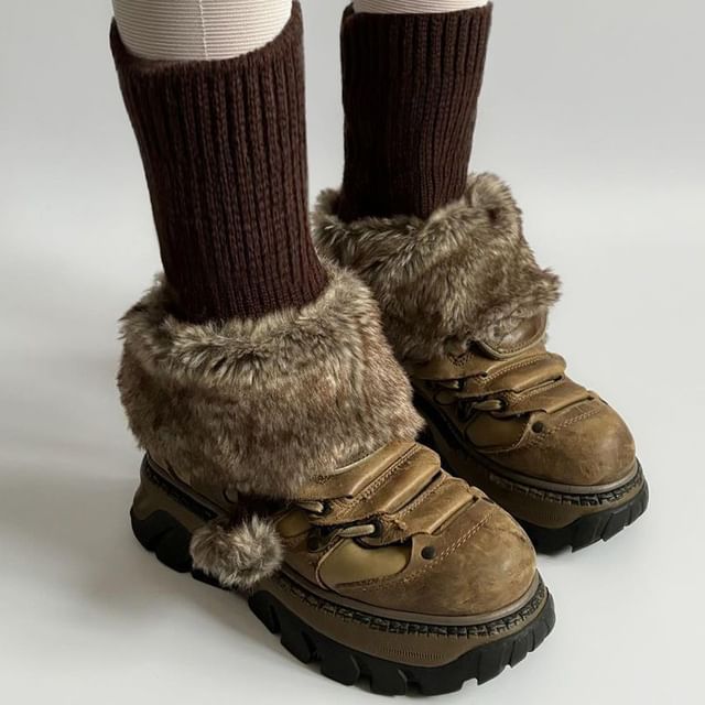 Honet-Knitted Furry Panel Leg Warmers