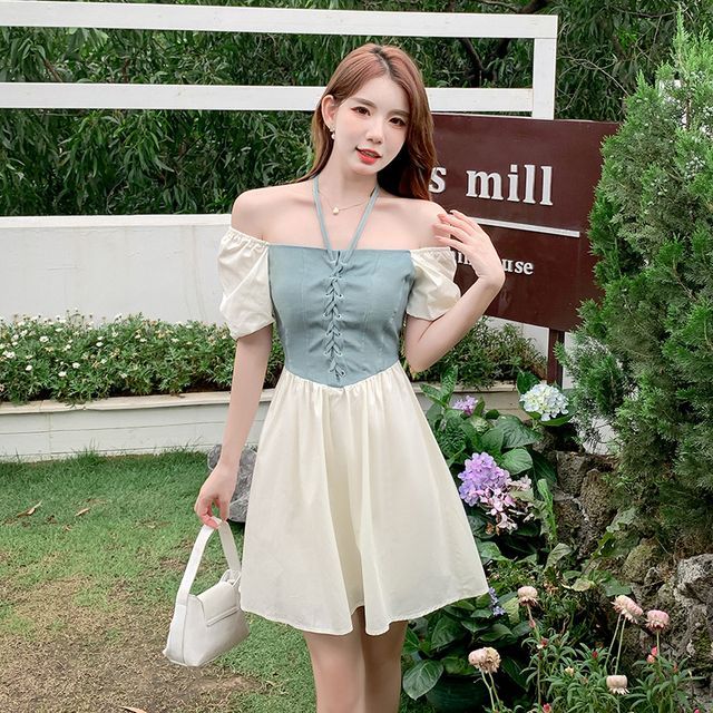 EFO - Cold-Shoulder Two Tone Lace-Up Mini A-Line Dress | YesStyle