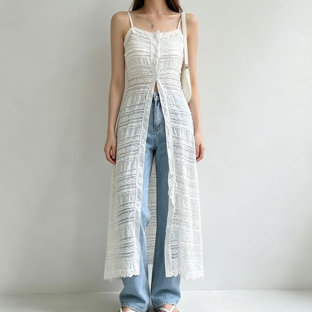 Coris-Spaghetti Strap Plain Lace Trim Midi Sundress
