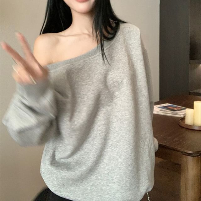 Beem-Oversized Off Shoulder Plain Sweatshirt