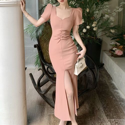 Shacos - Short-Sleeve Plain Ruched Slit Midi Mermaid Dress | YesStyle