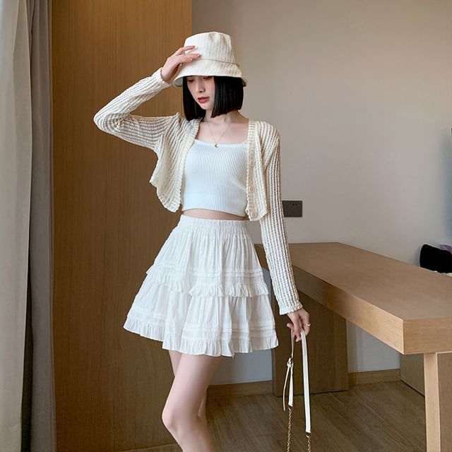 Ukiyo-High Waist Plain Mini Tiered Skirt