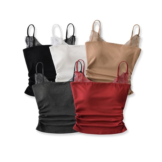 Asiris-Spaghetti Strap Plain Lace Trim Ruched Cami Top