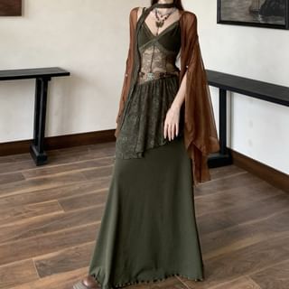 Trendycas - Spaghetti Strap V-Neck Plain Panel Lace Maxi A-Line Dress / Sash / Belt / Plain Open Front Light Jacket / Set | YesStyle Trendycas - Spaghetti Strap V-Neck Plain Panel Lace Maxi A-Line Dress / Sash / Belt / Plain Open Front Light Jacket / Set | YesStyle