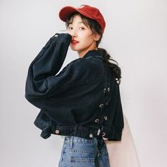 Miahynn - Lace-Up Back Cropped Denim Jacket Miahynn - Lace-Up Back Cropped Denim Jacket