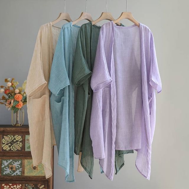 Lewwe-34-Sleeve Plain Open Front Light Jacket