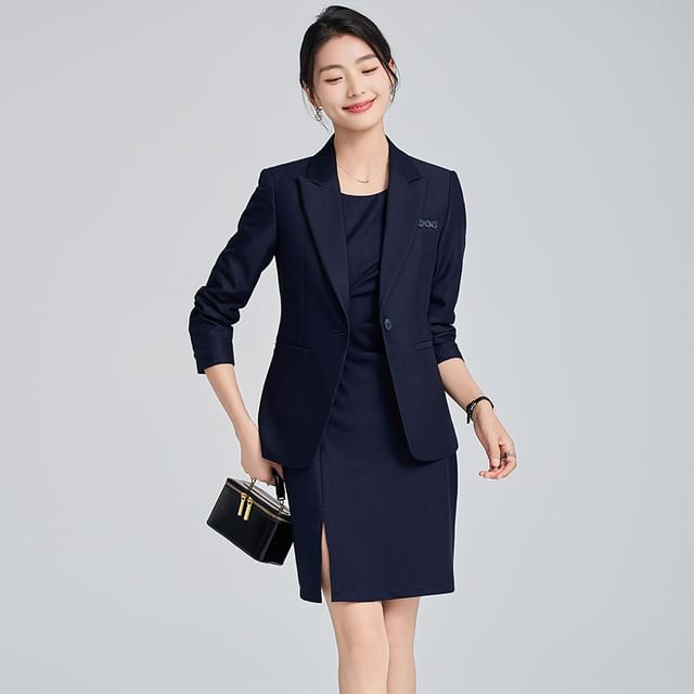 Skyheart-Peak Lapel Plain Single Breasted Blazer Sleeveless Round Neck Plain Ruched Slit Mini Sheath Dress