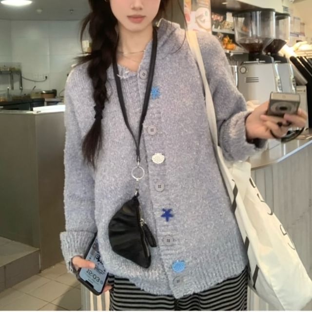 Beem-Hooded Plain Button Up Oversized Cardigan