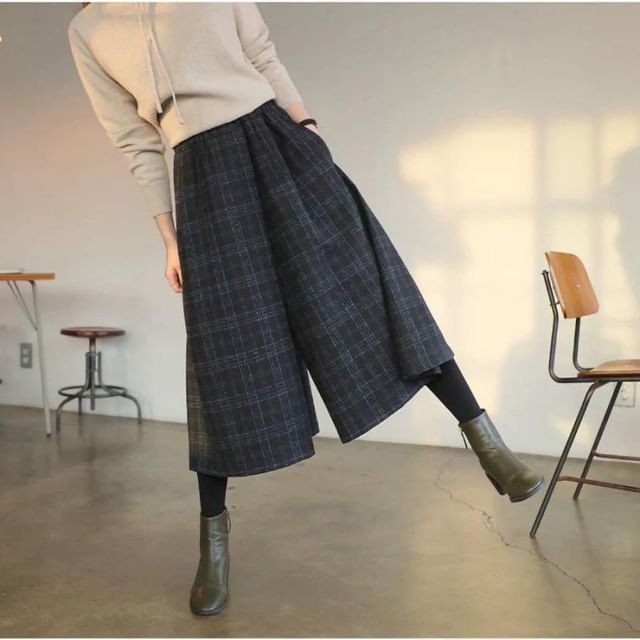 Lewwe-Elastic Waist Plaid Capri Culottes