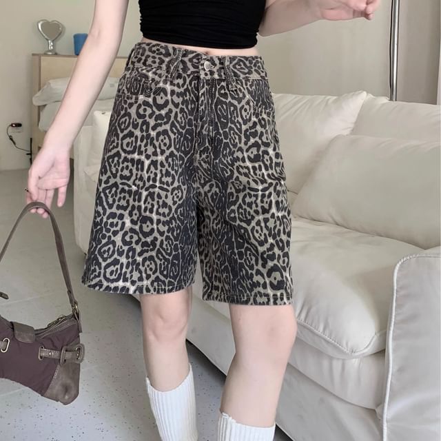 Porstina-Mid Rise Leopard Print Denim Shorts