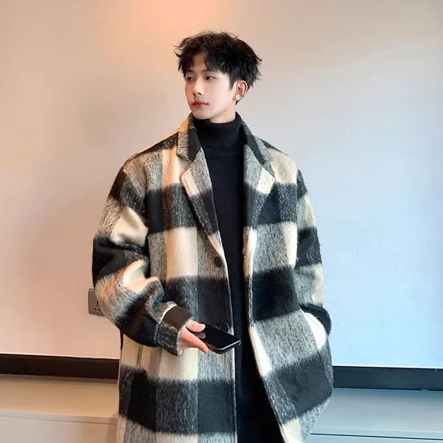 emeisa-Notch Lapel Plaid Single-Breasted Coat