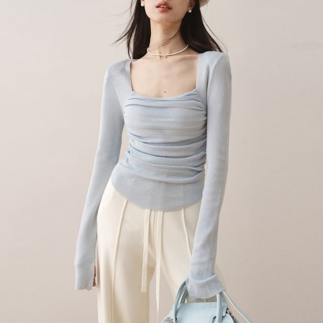 CRIBI-Long Sleeve Square Neck Plain Ruched Ribbed Knit Top