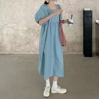 Everose-Puff-Sleeve Plain Midi Sundress