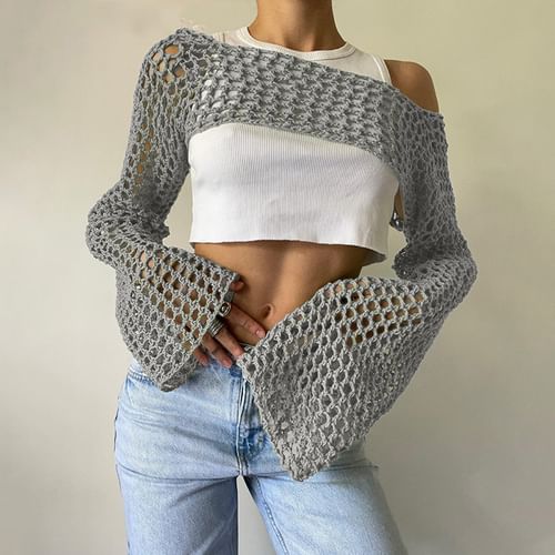 Rosesand - Bell Sleeve Plain Crochet Knit Crop Top