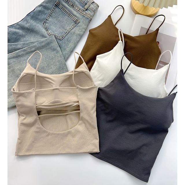 DIYI-Spaghetti Strap Scoop Neck Plain Backless Crop Camisole Top