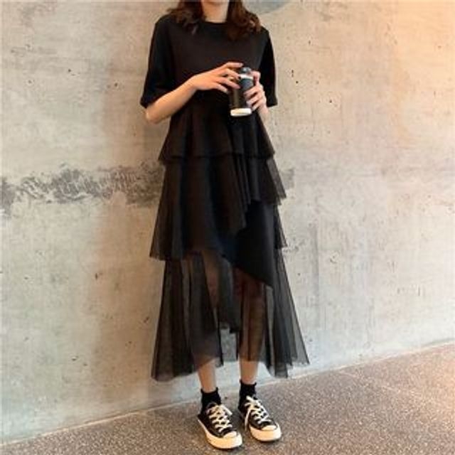 monroll - Elbow-Sleeve Tiered Mesh Overlay Midi T-Shirt Dress | YesStyle