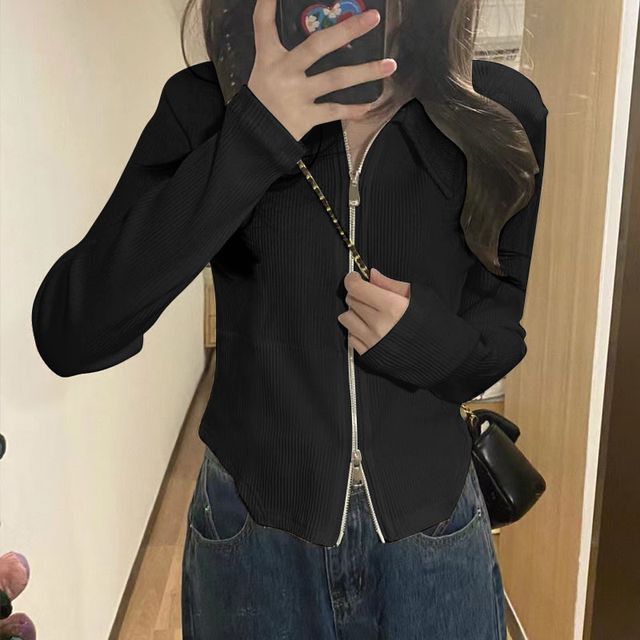 Yako-Long-Sleeve Lapel Zip-Up Plain Cardigan