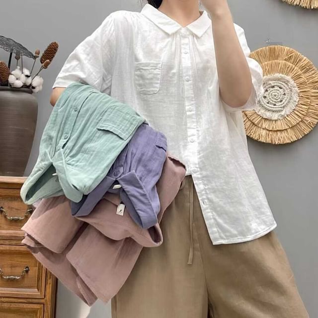 PANDAGO-Short-Sleeve Plain Shirt