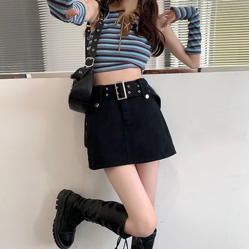 High Waist A-Line Denim Mini Skirt