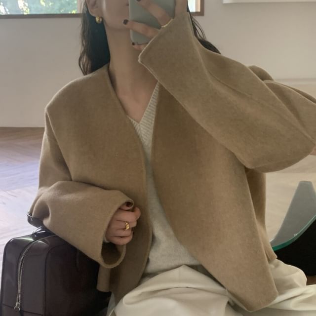 Jesong-V-Neck Plain Open Front Jacket