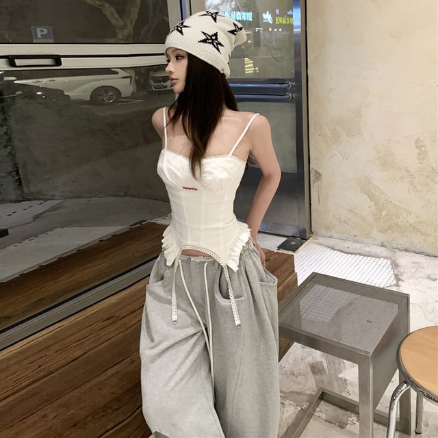 KUMI-Spaghetti Strap V-Neck Plain Ruffle Trim Cami Top Drawstring Waist Plain Baggy Sweatpants