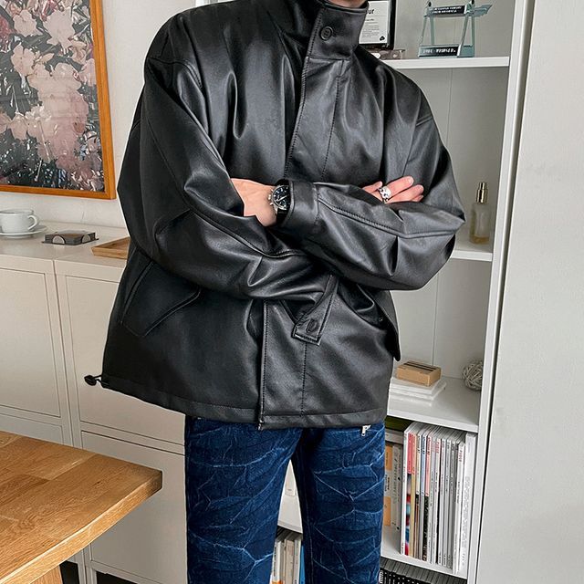 MRCYC-Faux Leather Zip-Up Biker Jacket