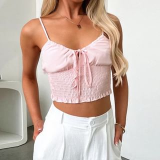 Alizio-Plain Tie Front Shirred Crop Cami Top