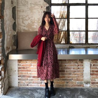CaraMelody - Floral Chiffon Dress / Knit Cardigan | YesStyle