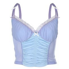 Honet - Mesh Panel Two-Tone Bow-Detail Ruffle-Trim Shirred Cropped Camisole Top Honet - Mesh Panel Two-Tone Bow-Detail Ruffle-Trim Shirred Cropped Camisole Top